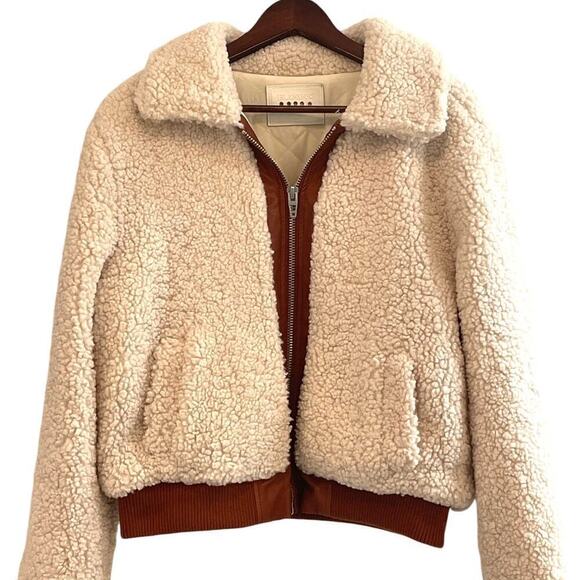 BLANKNYC Womens Medium Faux Sherpa Jacket Vegan Leather Trim Cropped Midweight - Picture 6 of 11